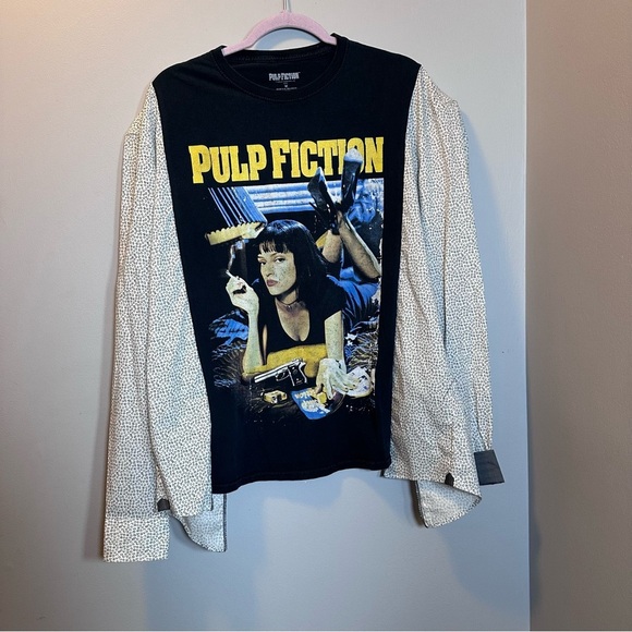 Upcycled Tops - Pulp fiction shirt top up cycle blouse sides raw hem movie